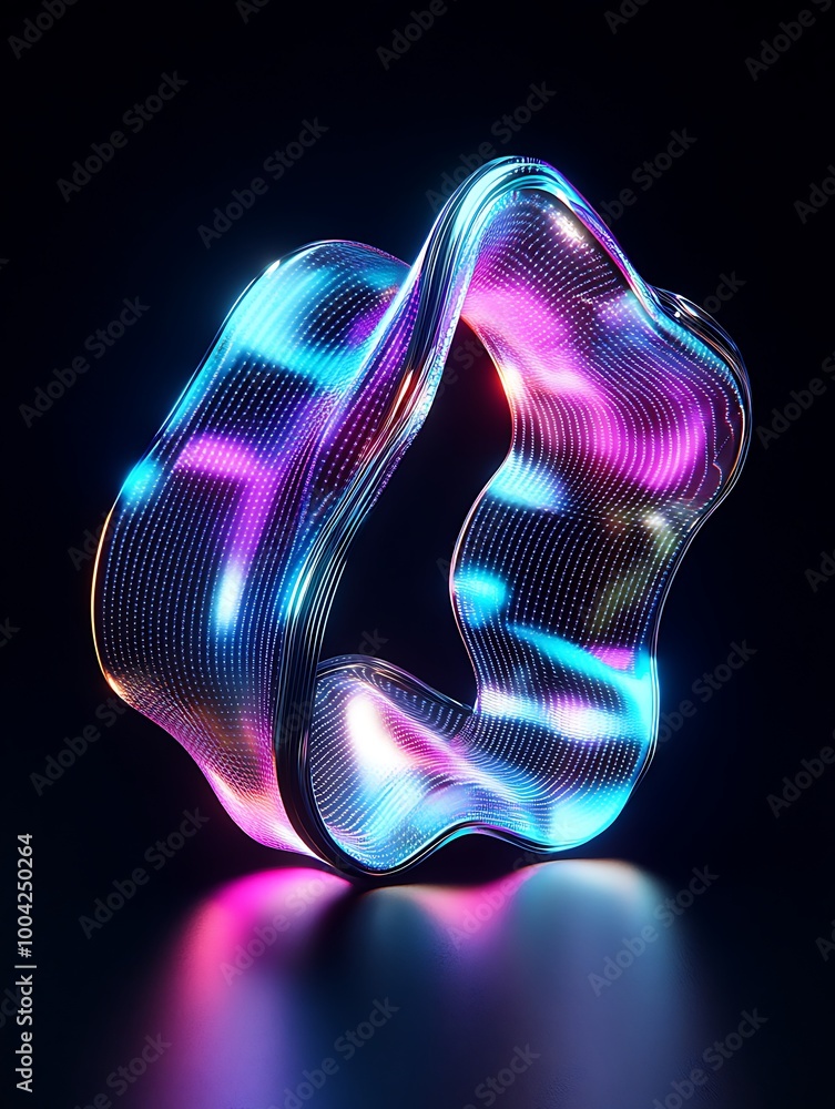 Poster a vibrant, illuminated abstract shape with swirling patterns in blue and pink against a dark backgro