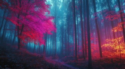 Fototapeta premium In a magical forest, neon-hued trees glow in vivid shades of pink and blue, creating a dreamlike atmosphere as twilight descends, inviting exploration