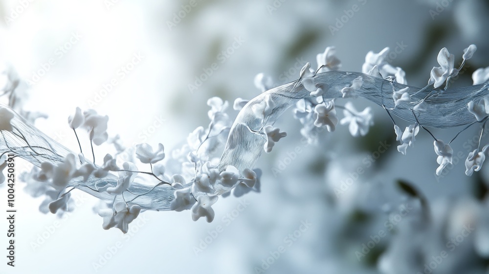 Aufkleber A delicate arrangement of white flowers is intertwined with sheer lace, creating a soft and elegant display. The background features a gentle bokeh effect, enhancing the overall tranquility.