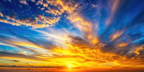 Fototapeta premium Panoramic sunrise sky background with colorful yellow and orange hues over blue and white clouds