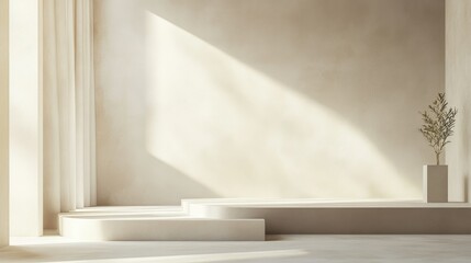 3D empty stage with white and cream background, neutral colors creating a minimalist backdrop