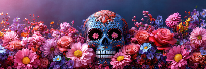Colorful sugar skull adorned with intricate patterns nestled among a vibrant arrangement of blooming flowers, creating a lively and celebratory atmosphere perfect for a festive occasion like dia...