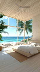 Fototapeta premium sand brick bedroom design, large windows with view on rocks and sea, aerial rendering