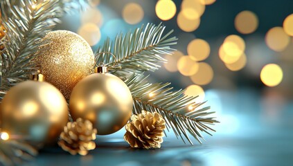 Background with hanging balls and pine tree branches decorated with Christmas trees, stock photo