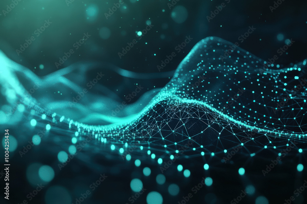 Poster a mesmerizing wave of digital particles illuminated by vibrant teal light in an abstract representat