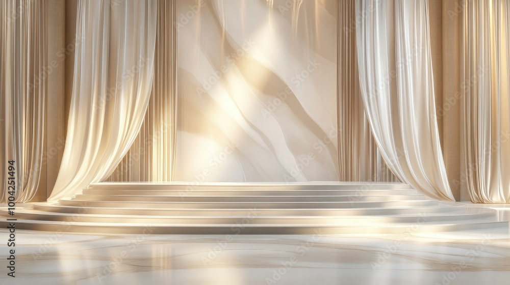 Poster 3d-rendered empty stage with a white and cream backdrop, ready for events or presentations