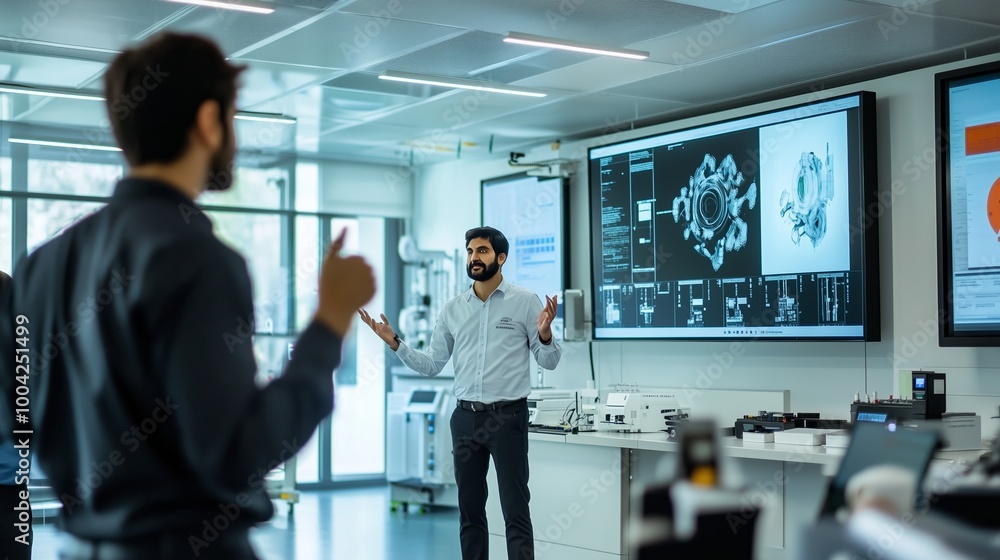 Poster engaging presentation on advanced technology in a modern lab setting during a corporate meeting in a