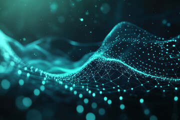 A mesmerizing wave of digital particles illuminated by vibrant teal light in an abstract representation of data and technology. Generative AI