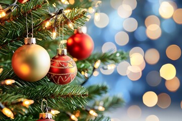 Obraz premium Red gold ornaments and baubles on a blurred bokeh light background.