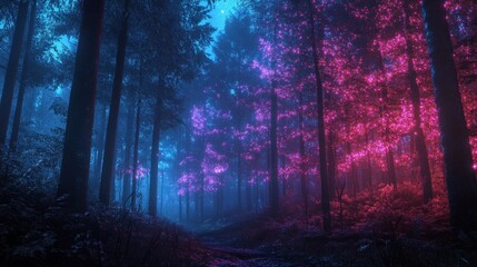 Fototapeta premium The forest is alive with glowing neon trees that radiate vibrant colors, creating a magical ambiance as twilight descends, inviting exploration and wonder