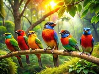 Obraz premium Colorful Birds Perched on Branches in a Lush Green Forest During Bright Sunny Daylight