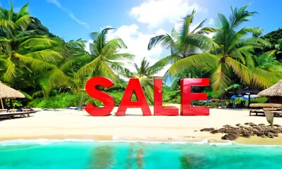 Tropical beach sale promotion with large red text and palm trees in a sunny vacation destination background