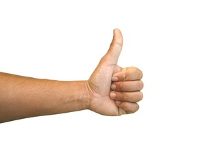 Male hand giving thumbs up isolated on white background, business concept.	