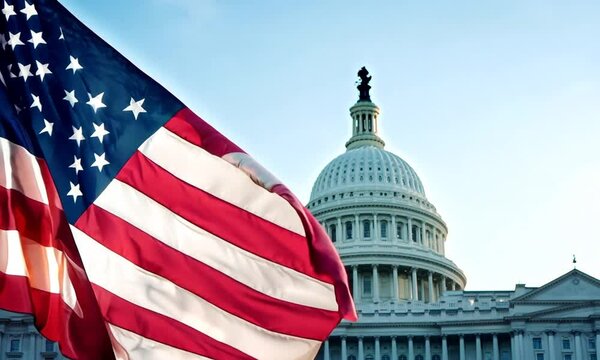 American flag waving in front of the U.S. Capitol building, symbolizing national pride and patriotism