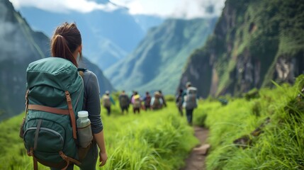 Woman following group on mountain trail. Guided nature tour