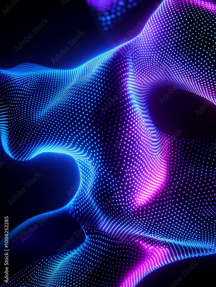 Poster abstract 3d mesh pattern with vibrant blue and purple light effects on a dark background. a minimali