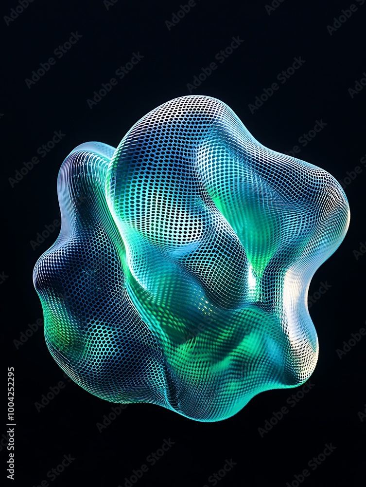 Poster Abstract 3D mesh shape with luminous colors against a dark background. A minimalist poster in metallic and chrome gradient style.