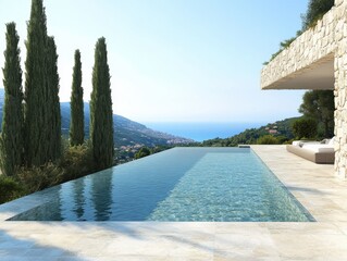A pool with a stone wall and a view of the ocean