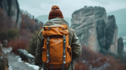 Hiker observing rocky mountains. Autumn trekking experience