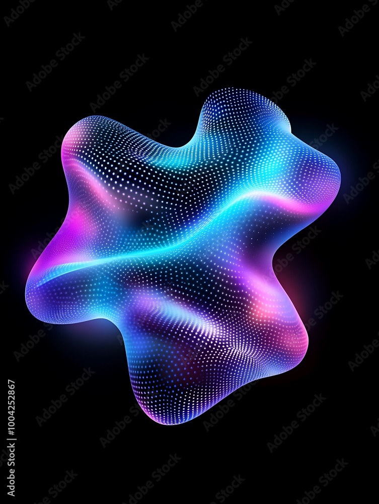 Poster abstract 3d shape with colorful glowing lines on a black background. a minimalist poster in metallic