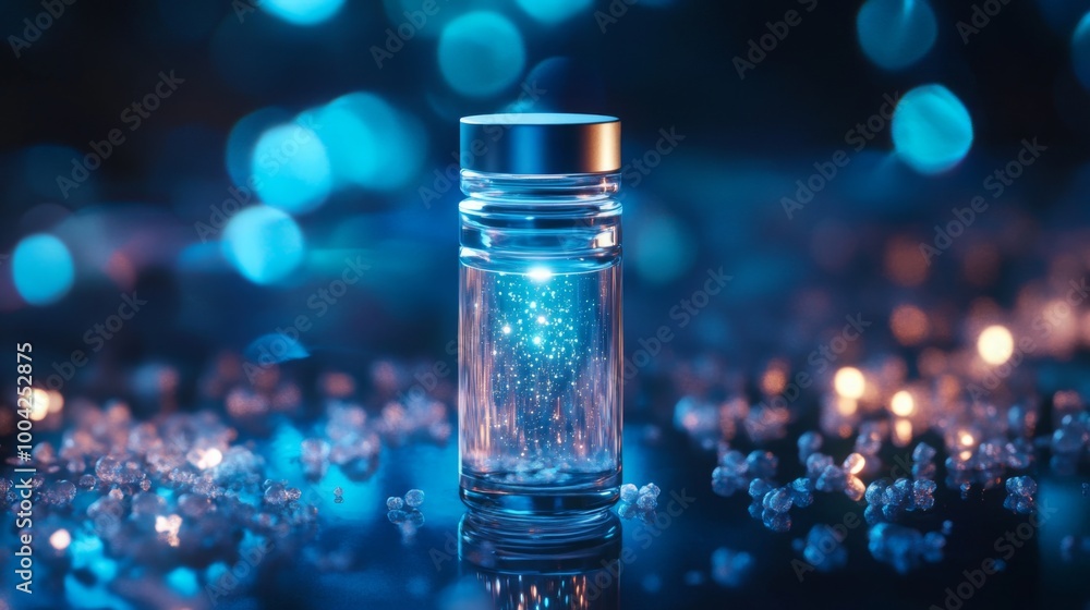 Poster a glass container holds glowing particles, emitting light in a dark setting. surrounding the jar, bl