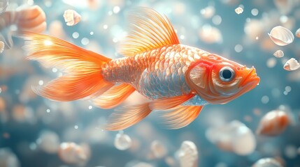 A vibrant goldfish swimming among bubbles and shells underwater.