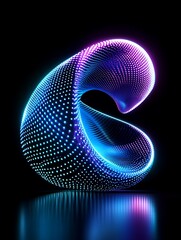 Abstract 3D shape with colorful glowing dots on a dark background, creating a modern and dynamic visual effect. A minimalist poster in metallic and chrome gradient style.