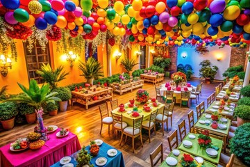 Colorful decorations and vibrant atmosphere for a festive celebration or joyful party event setup