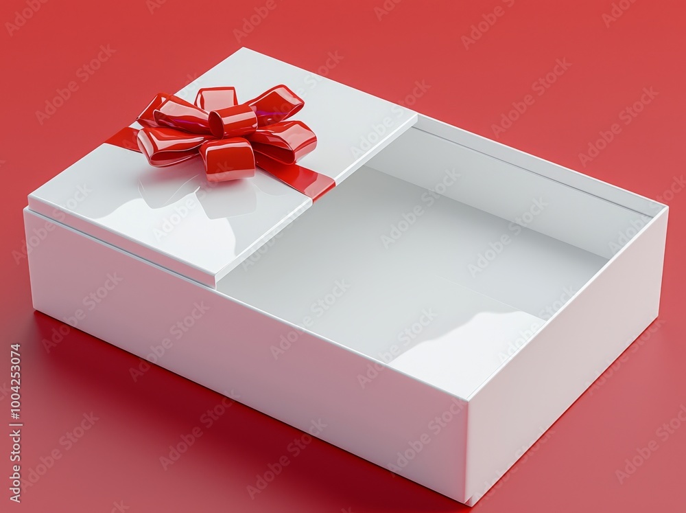 Poster 3d rendering of a white gift box tied with a red ribbon bow isolated on a dark red background with s