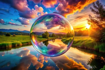 Colorful dream bubble floating in a serene landscape, symbolizing imagination and creativity.