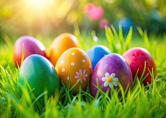 Fototapeta premium Colorful Easter eggs relaxing in the sun on a vibrant green grass background during spring season