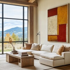 A white couch with a red and yellow painting on the wall