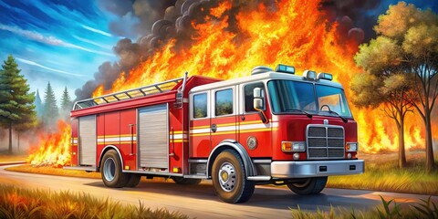 Colorful Fire Truck Drawing for Children's Book Illustrations and Educational Materials Usage