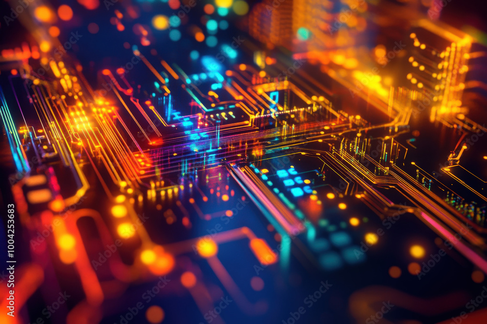 Poster a vibrant display of colorful circuit patterns illuminating a technological landscape in a digital w