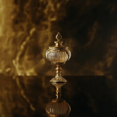 Obraz premium A stately gold urn with intricate designs stands prominently, reflecting light in a sumptuous setting.
