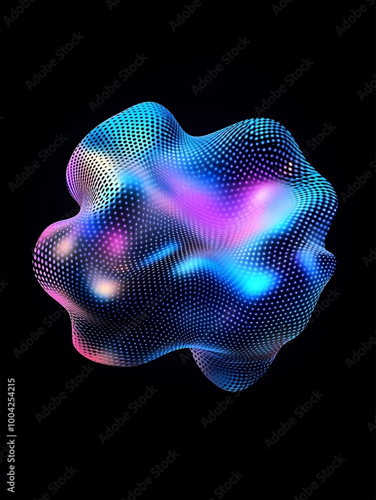 Poster abstract 3d shape with vibrant colors and intricate dot pattern on a black background. a minimalist 