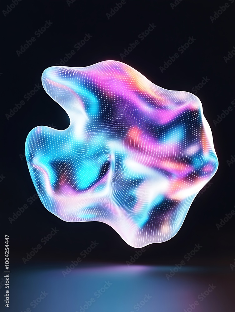 Poster Abstract 3D shape with vibrant colors and smooth curves, glowing against a dark background. A minimalist poster in metallic and chrome gradient style.