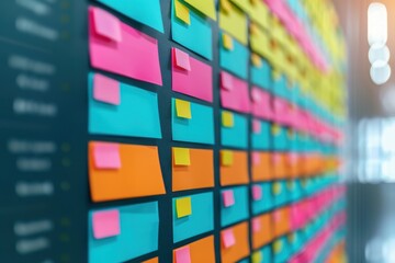 Close-up of a project management board filled with colorful sticky notes, representing task organization, planning, and agile workflow.