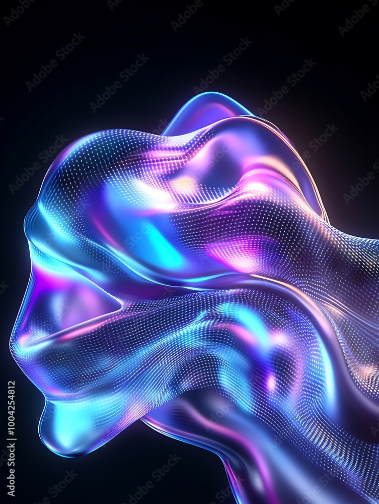 Poster abstract 3d shape with vibrant colors, showcasing fluid motion and light reflections on a dark backg