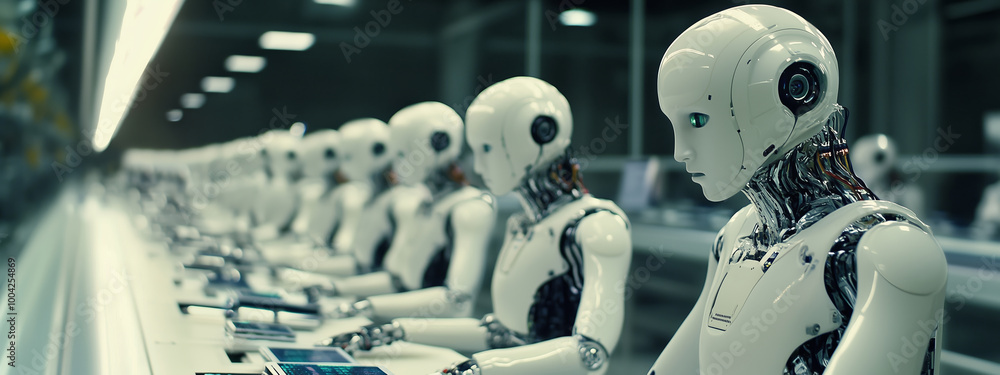 Poster robotic assembly line in a futuristic factory during a high-tech manufacturing process