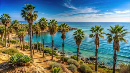 Panoramic view of palm trees and pine trees by the Mediterranean Sea