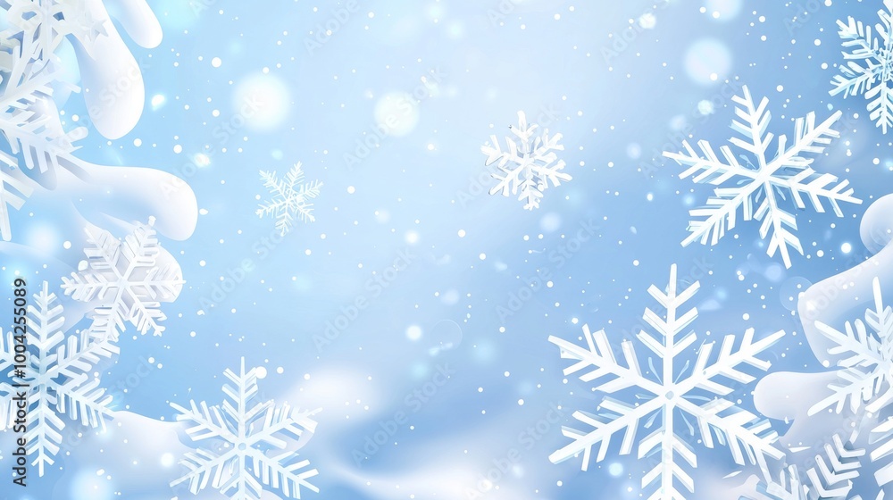 Poster a simple white or blue background with white snowflakes and their unique symmetrical patterns, creat