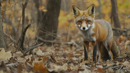 Fototapeta premium A striking red fox standing alert in the forest
