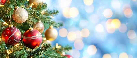 Fototapeta premium The Christmas Tree with Ornaments in Blue - Baubles Hanging On Fir Branches With Glitter And Bokeh Lights in Abstract Defocused Background