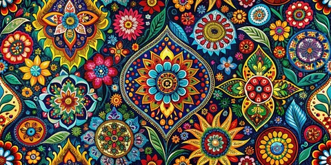 Colorful Seamless Pattern Fabric Featuring Abstract Shapes and Vibrant Designs for Creative Projects