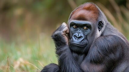 Obraz premium A thoughtful portrait of a male gorilla, the deep wrinkles on his face reflecting the wisdom and strength of this magnificent wildlife mammal.