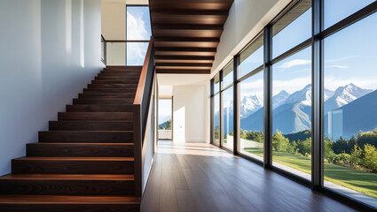 Obraz premium Modern wooden staircase leading to a bright, spacious room with a scenic view of nature and mountains.