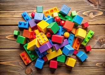 Naklejka premium Colorful stack of various building blocks arranged creatively on a wooden surface for playtime fun