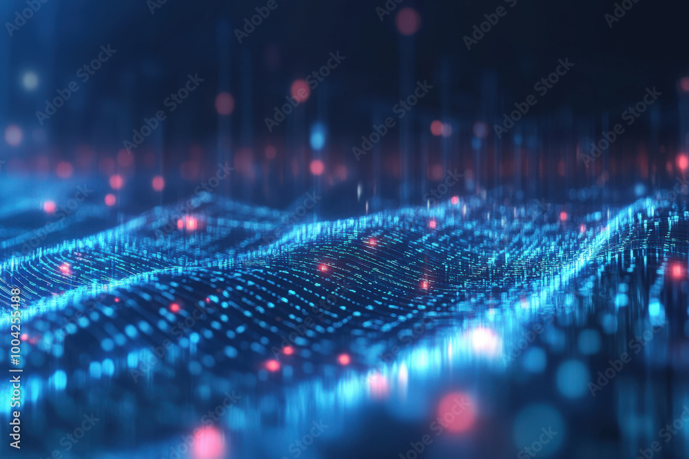 Poster vibrant digital landscape with flowing streams of data illuminating the abstract night in a futurist