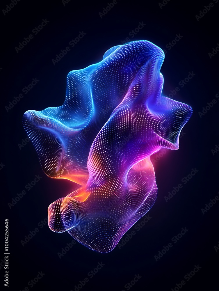 Poster abstract colorful 3d mesh shape with glowing effect, isolated against a dark background. a minimalis